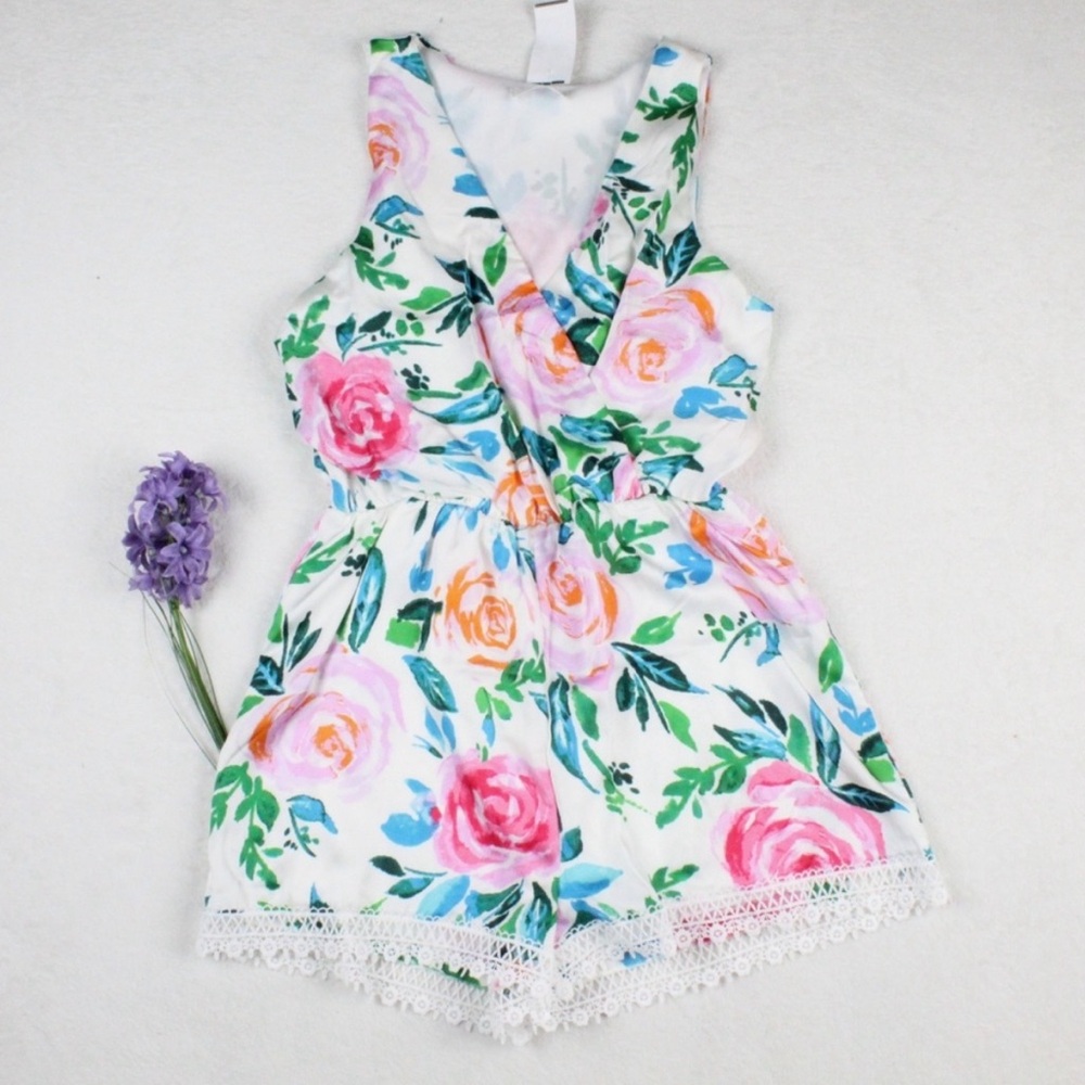 White Pink Floral Print Satin V Neck Lace Romper M